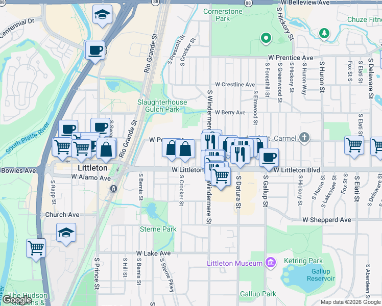 map of restaurants, bars, coffee shops, grocery stores, and more near 5606 South Crocker Street in Littleton