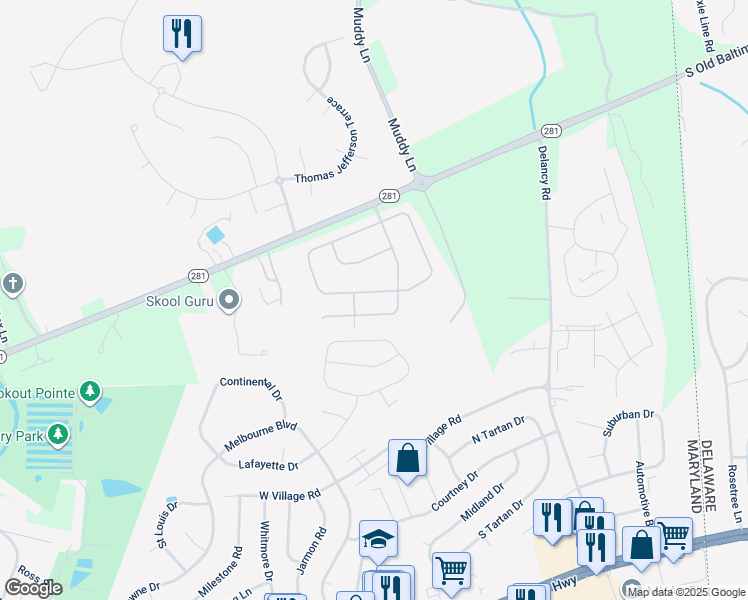 map of restaurants, bars, coffee shops, grocery stores, and more near 192 Independence Dr in Elkton