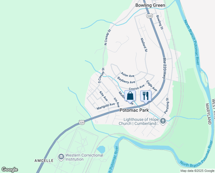 map of restaurants, bars, coffee shops, grocery stores, and more near 12017 Mulberry Avenue in Cumberland