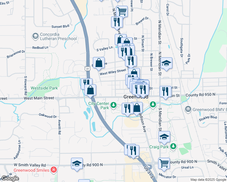 map of restaurants, bars, coffee shops, grocery stores, and more near 451 West Broadway Street in Greenwood