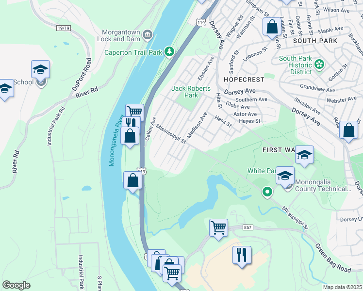 map of restaurants, bars, coffee shops, grocery stores, and more near 668 West Virginia Avenue in Morgantown