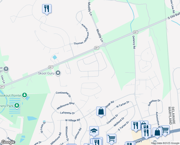 map of restaurants, bars, coffee shops, grocery stores, and more near 184 Independence Drive in Elkton