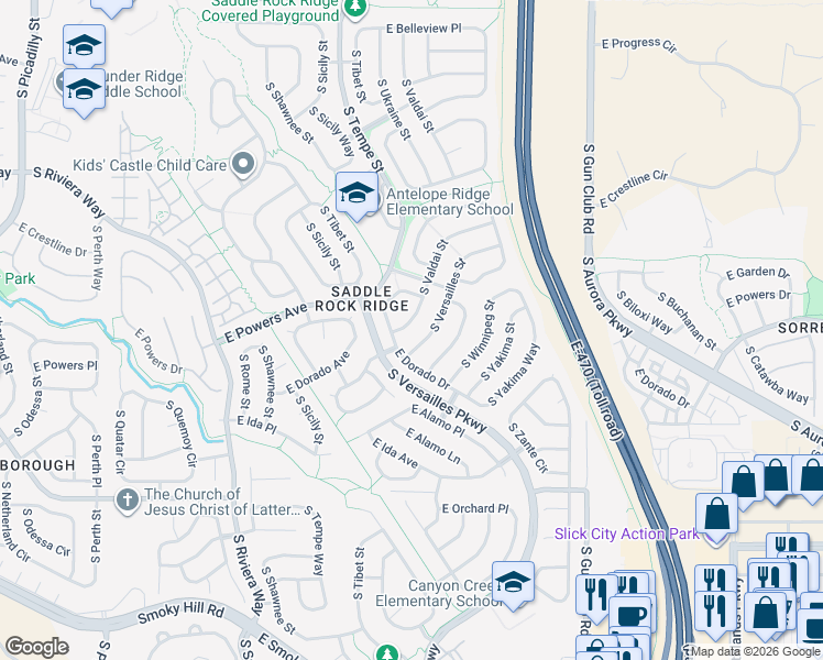 map of restaurants, bars, coffee shops, grocery stores, and more near 5532 South Valdai Way in Aurora