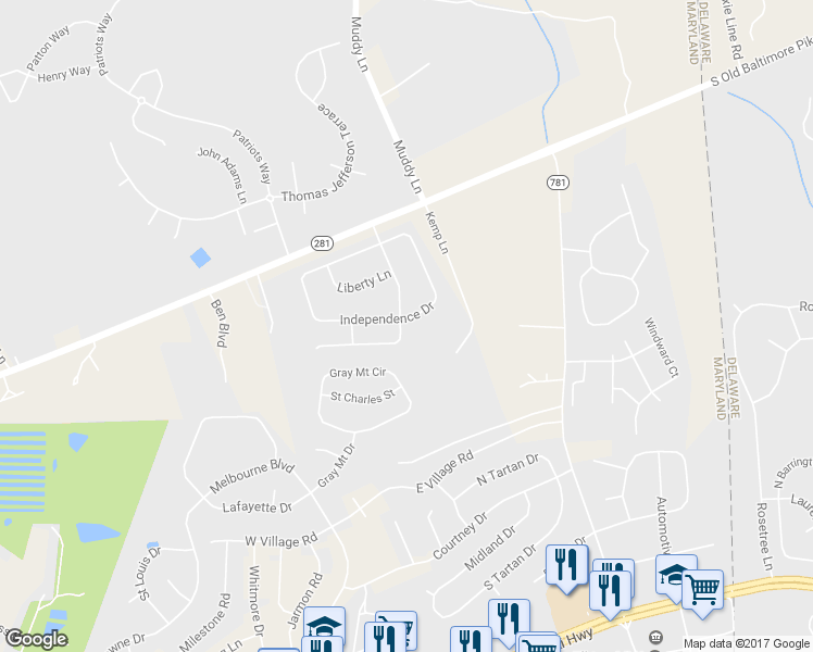 map of restaurants, bars, coffee shops, grocery stores, and more near 123 Cherry Tree Lane in Elkton
