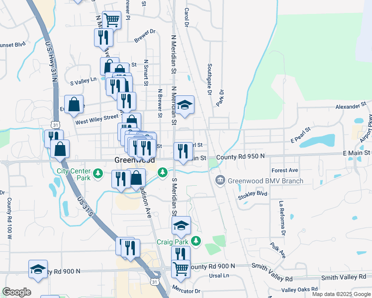 map of restaurants, bars, coffee shops, grocery stores, and more near 99-1 South Meridian Street in Greenwood