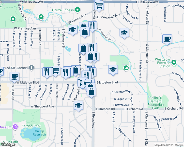 map of restaurants, bars, coffee shops, grocery stores, and more near 5601 East Powers Avenue in Littleton