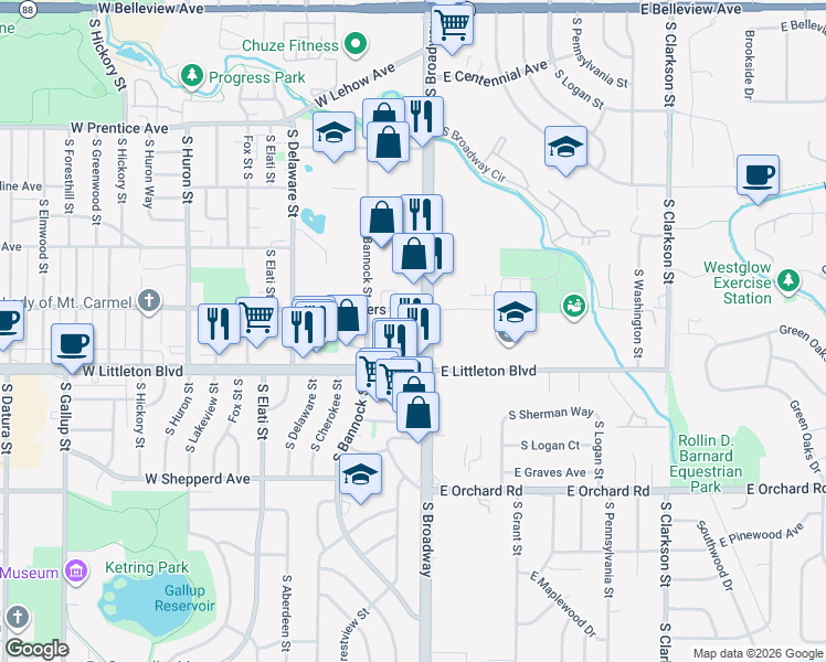 map of restaurants, bars, coffee shops, grocery stores, and more near 5601 South Broadway in Littleton