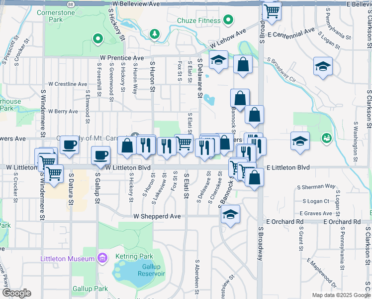 map of restaurants, bars, coffee shops, grocery stores, and more near 498 West Powers Avenue in Littleton