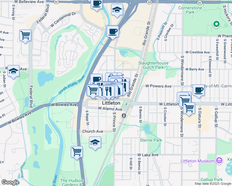 map of restaurants, bars, coffee shops, grocery stores, and more near 5613 South Prince Street in Littleton