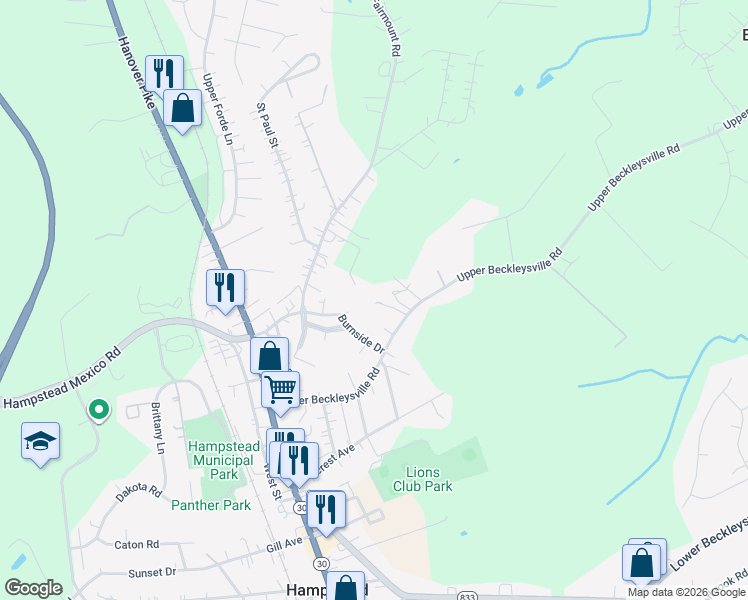 map of restaurants, bars, coffee shops, grocery stores, and more near 4214R Upper Beckleysville Road in Hampstead
