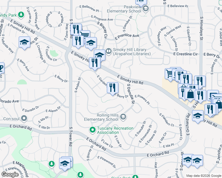 map of restaurants, bars, coffee shops, grocery stores, and more near 18949 East Garden Drive in Aurora