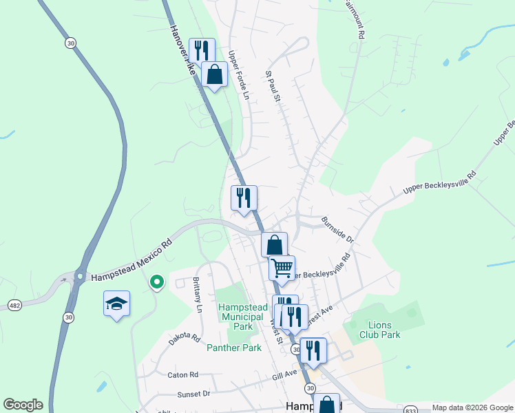 map of restaurants, bars, coffee shops, grocery stores, and more near 1421 North Main Street in Hampstead