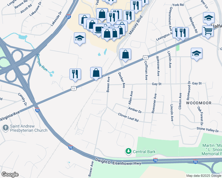 map of restaurants, bars, coffee shops, grocery stores, and more near 10929 Bower Avenue in Hagerstown
