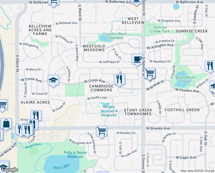map of restaurants, bars, coffee shops, grocery stores, and more near 11926 West Brandt Place in Littleton