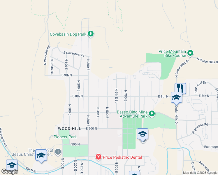 map of restaurants, bars, coffee shops, grocery stores, and more near 876 North 500 East in Price