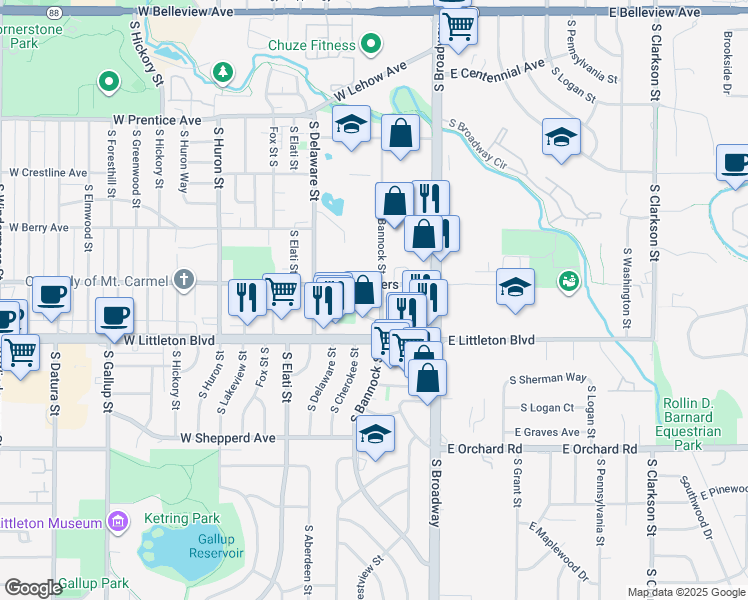 map of restaurants, bars, coffee shops, grocery stores, and more near 258 West Powers Avenue in Littleton