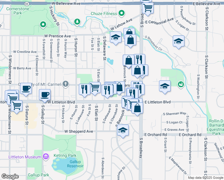 map of restaurants, bars, coffee shops, grocery stores, and more near 368 West Powers Avenue in Littleton