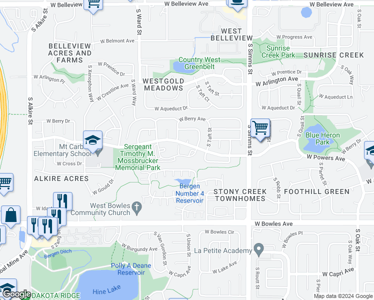 map of restaurants, bars, coffee shops, grocery stores, and more near 11926 West Brandt Place in Littleton