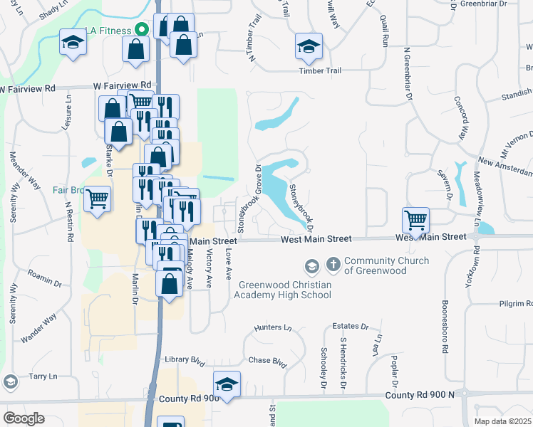 map of restaurants, bars, coffee shops, grocery stores, and more near 24 Hidden Bay Drive in Greenwood