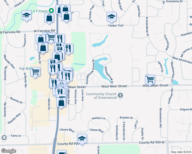 map of restaurants, bars, coffee shops, grocery stores, and more near 24 Hidden Bay Drive in Greenwood