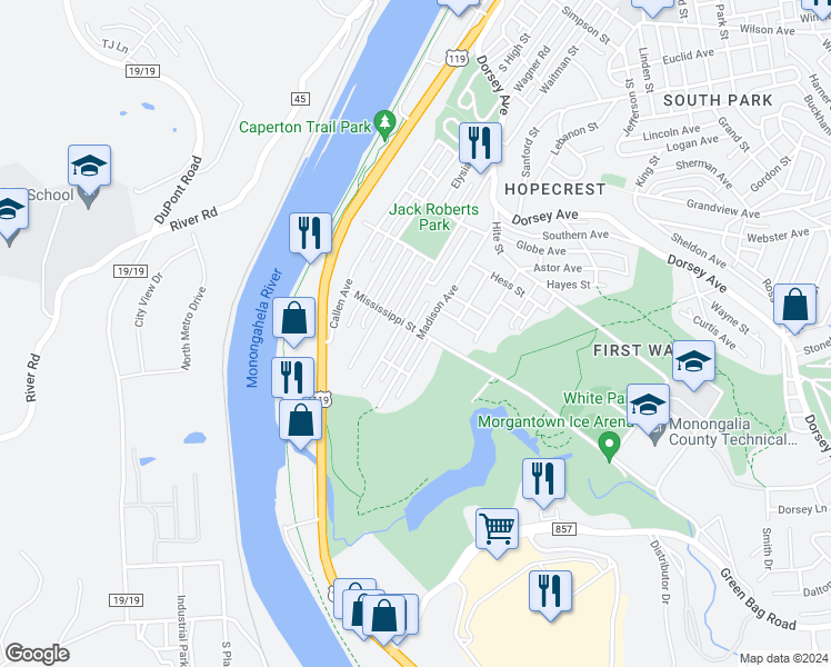 map of restaurants, bars, coffee shops, grocery stores, and more near 700 Madison Avenue in Morgantown