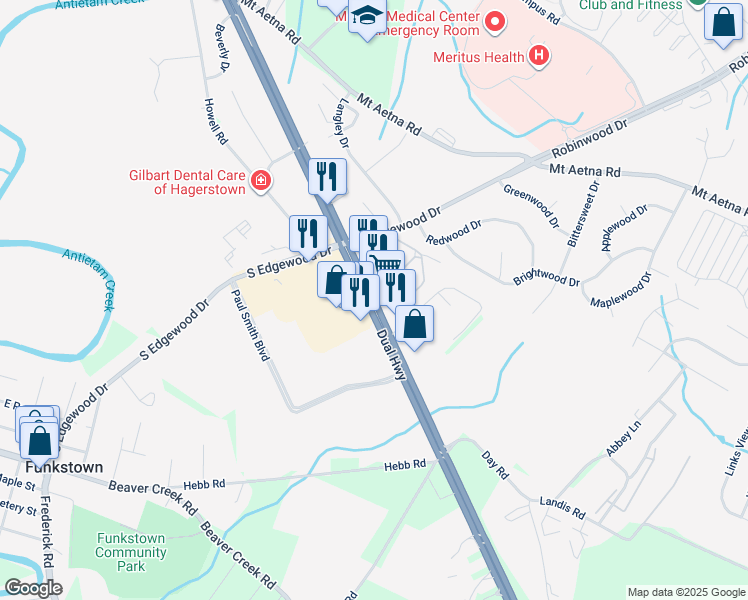 map of restaurants, bars, coffee shops, grocery stores, and more near 1800 Dual Highway in Hagerstown