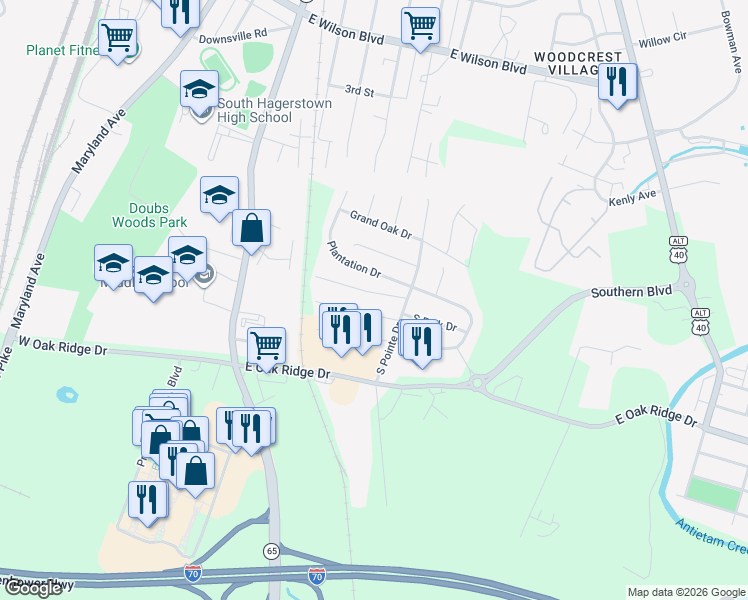 map of restaurants, bars, coffee shops, grocery stores, and more near 147 Southern Oak Drive in Hagerstown