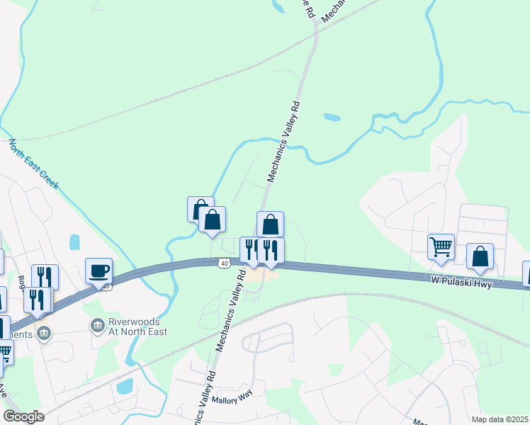 map of restaurants, bars, coffee shops, grocery stores, and more near 592 Mechanics Valley Road in North East