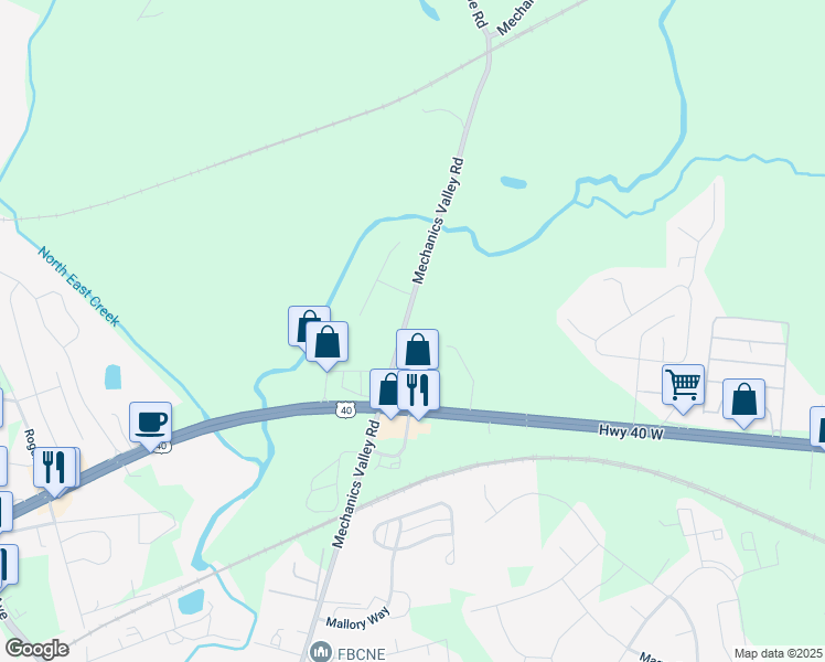 map of restaurants, bars, coffee shops, grocery stores, and more near 592 Mechanics Valley Road in North East
