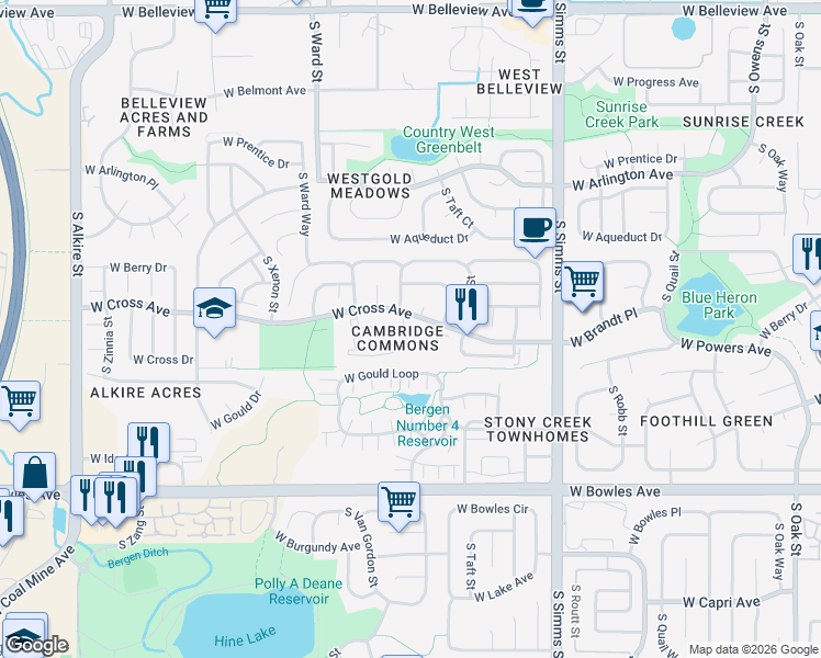 map of restaurants, bars, coffee shops, grocery stores, and more near 12093 West Cross Drive in Littleton