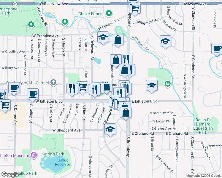 map of restaurants, bars, coffee shops, grocery stores, and more near 258 West Powers Avenue in Littleton
