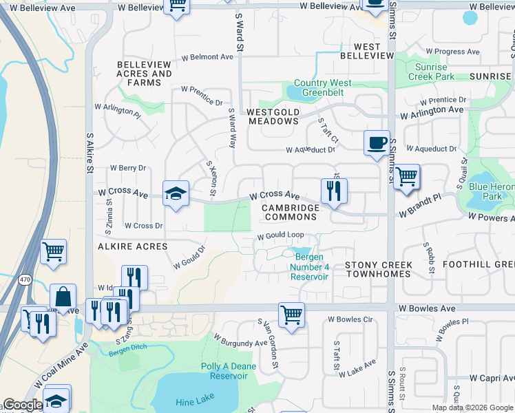 map of restaurants, bars, coffee shops, grocery stores, and more near 12062 West Cross Drive in Littleton