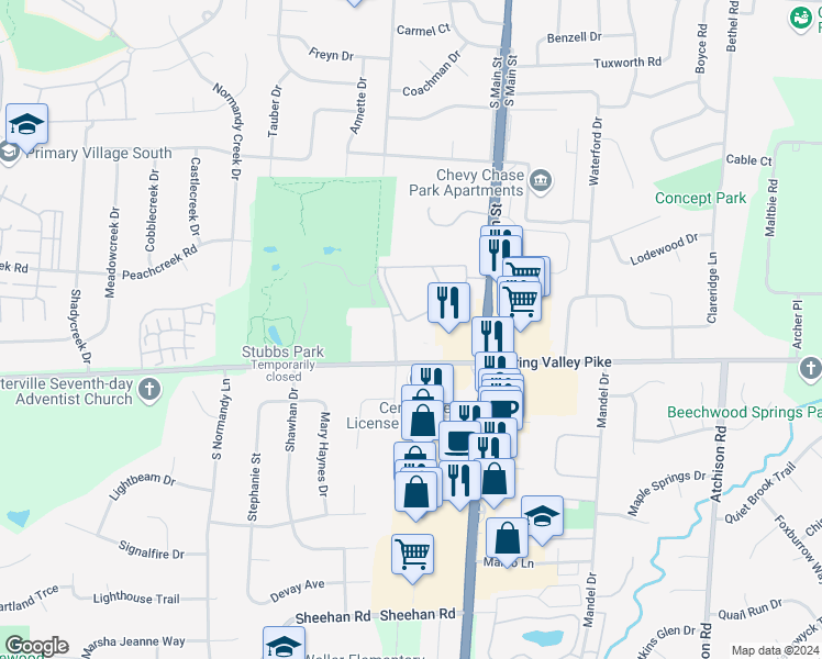 map of restaurants, bars, coffee shops, grocery stores, and more near JP Kalaman in Centerville