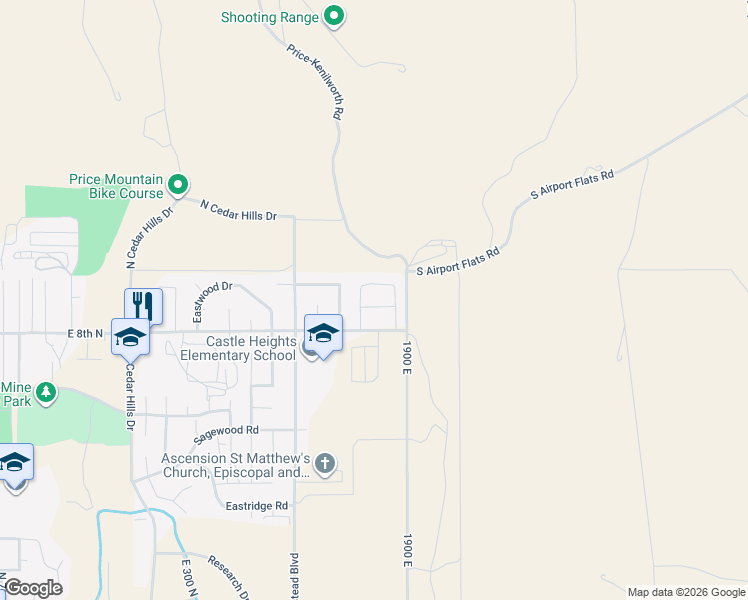 map of restaurants, bars, coffee shops, grocery stores, and more near 877 North 1820 East in Price