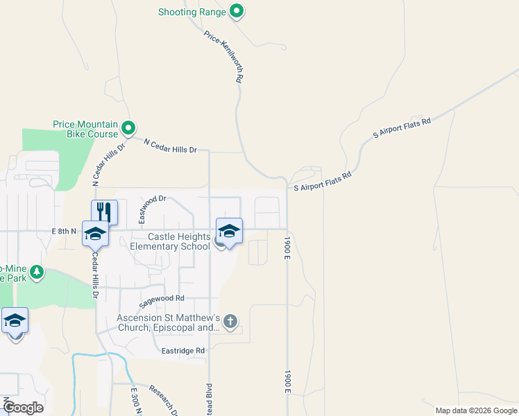 map of restaurants, bars, coffee shops, grocery stores, and more near 877 North 1820 East in Price