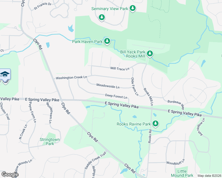 map of restaurants, bars, coffee shops, grocery stores, and more near 2041 Meadowside Lane in Dayton