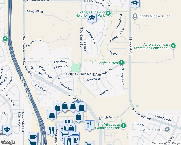 map of restaurants, bars, coffee shops, grocery stores, and more near 24356 East Powers Avenue in Aurora