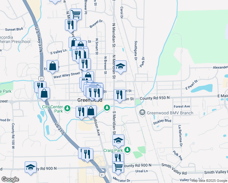 map of restaurants, bars, coffee shops, grocery stores, and more near 99 South Meridian Street in Greenwood
