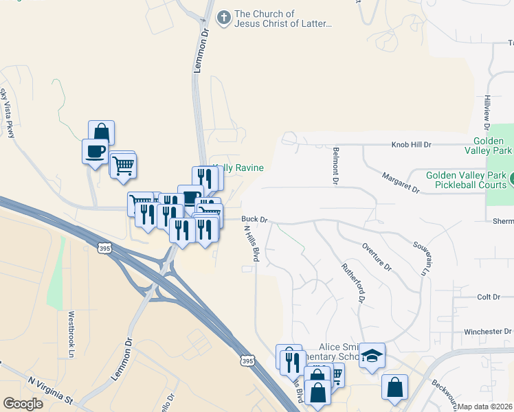 map of restaurants, bars, coffee shops, grocery stores, and more near 450 Lemmon Drive in Reno