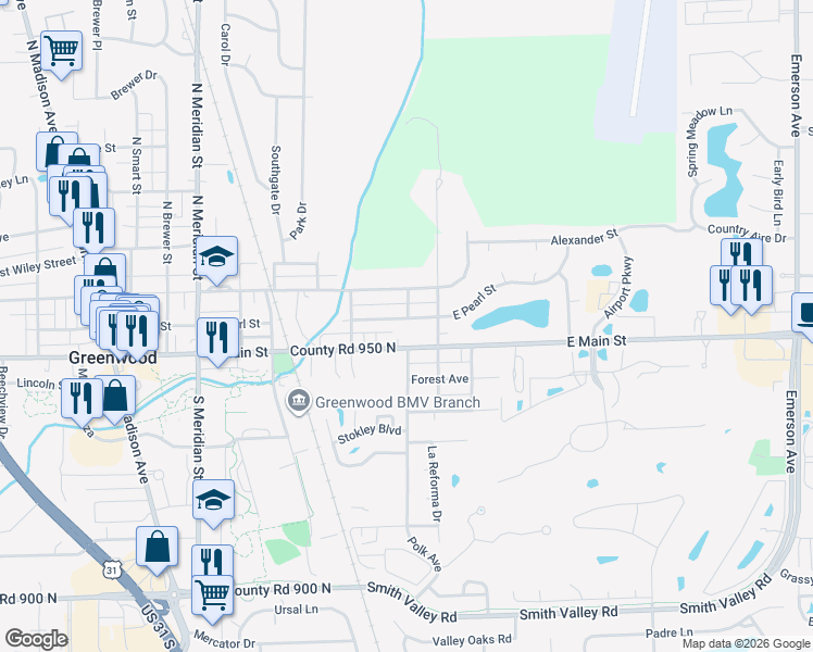 map of restaurants, bars, coffee shops, grocery stores, and more near 480 East Pearl Street in Greenwood