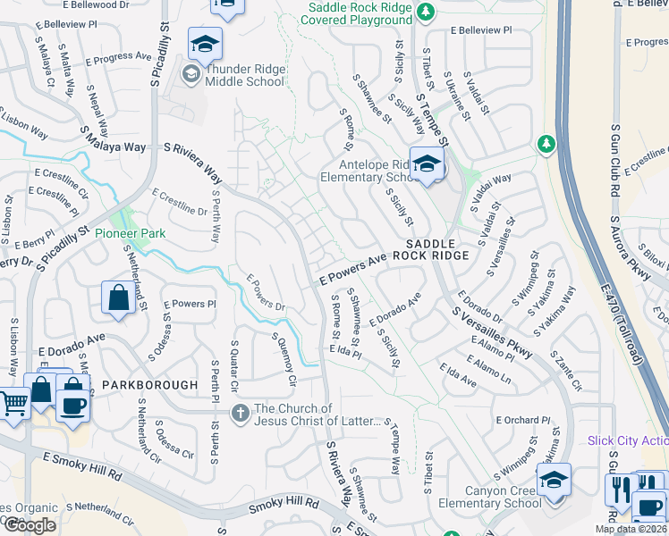 map of restaurants, bars, coffee shops, grocery stores, and more near 22186 East Berry Place in Aurora
