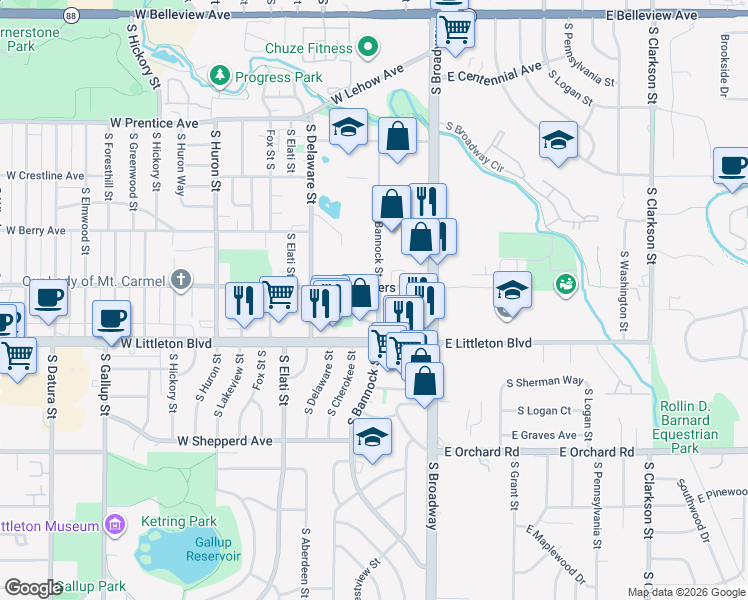 map of restaurants, bars, coffee shops, grocery stores, and more near 258 West Powers Avenue in Littleton
