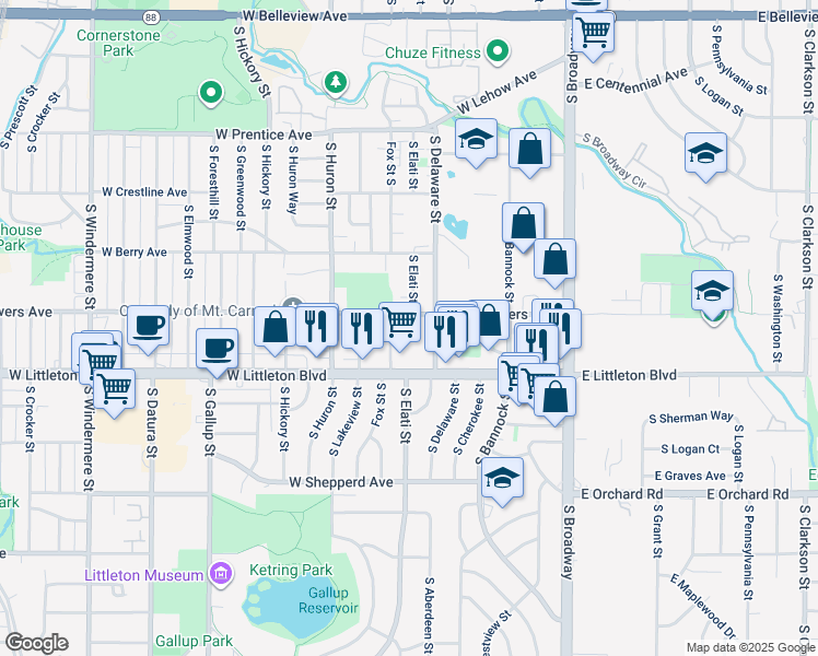 map of restaurants, bars, coffee shops, grocery stores, and more near 498 West Powers Avenue in Littleton