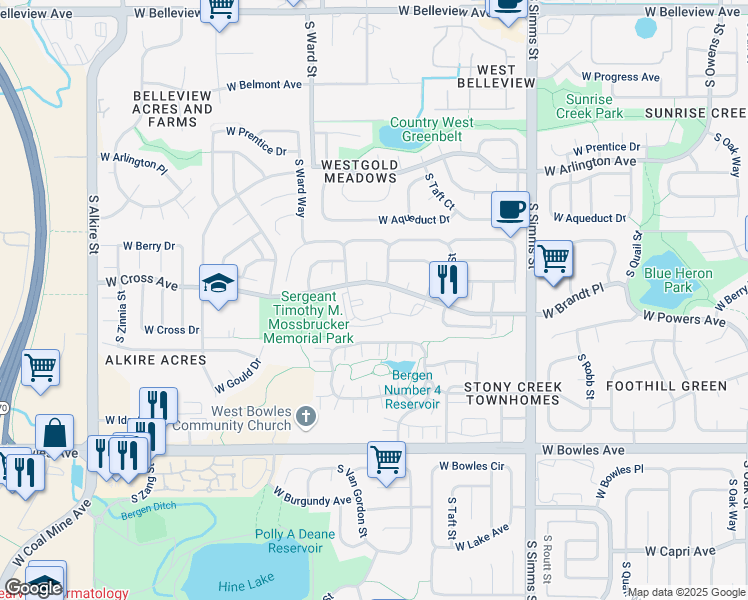 map of restaurants, bars, coffee shops, grocery stores, and more near 5667 South Urban Street in Littleton