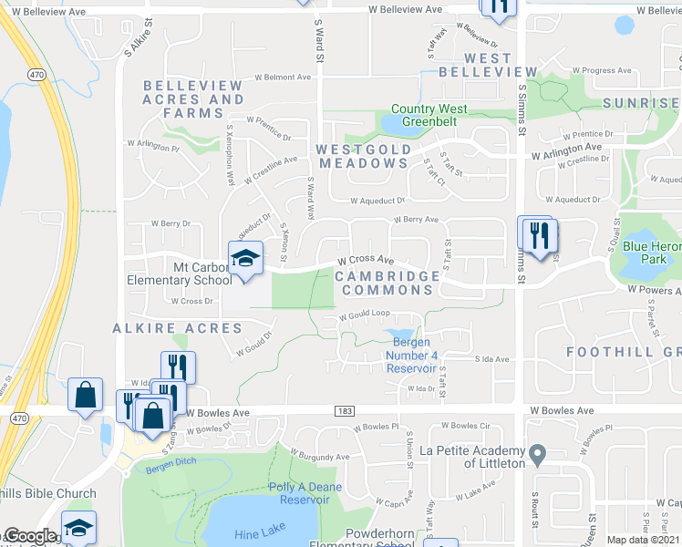 map of restaurants, bars, coffee shops, grocery stores, and more near 12062 West Cross Drive in Littleton