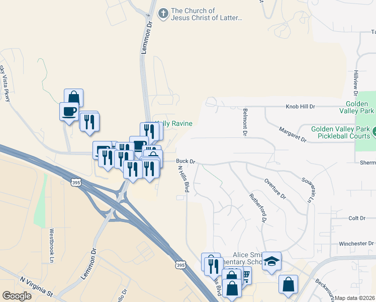map of restaurants, bars, coffee shops, grocery stores, and more near 450 Lemmon Drive in Reno