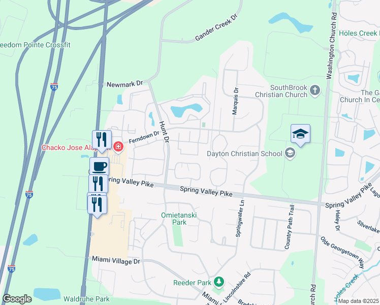 map of restaurants, bars, coffee shops, grocery stores, and more near 9333 Swaying Pine Court in Miamisburg