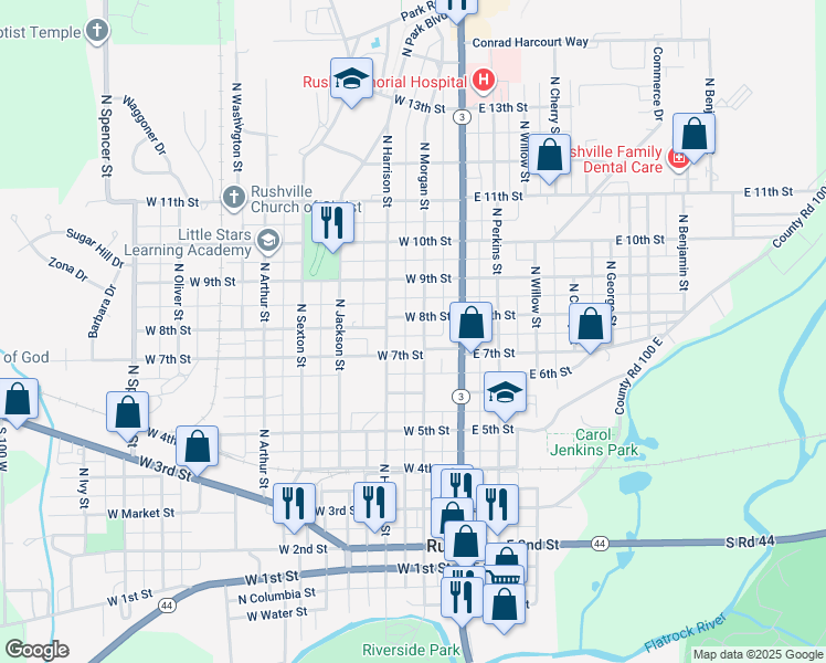 map of restaurants, bars, coffee shops, grocery stores, and more near 734 North Morgan Street in Rushville