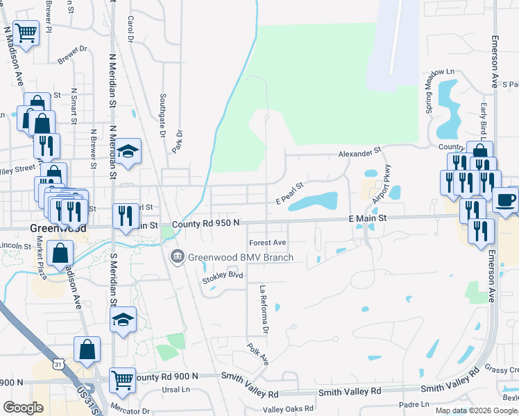 map of restaurants, bars, coffee shops, grocery stores, and more near 580 East Pearl Street in Greenwood