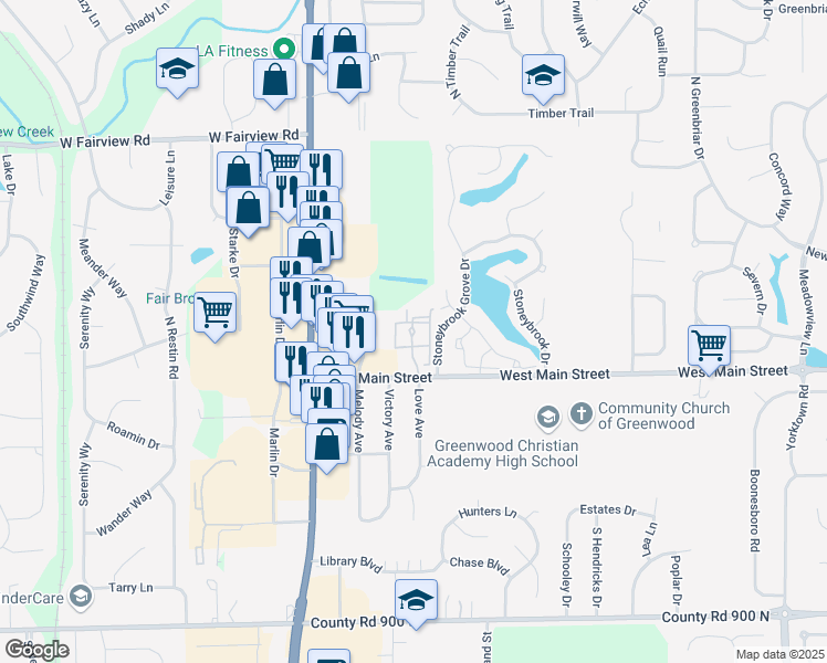 map of restaurants, bars, coffee shops, grocery stores, and more near 173 Love Avenue in Greenwood